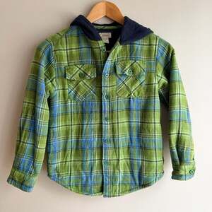 L.L.Bean Kids' Fleece-Lined Hooded Flannel Shirt Jacket Plaid Green/Blue Size S